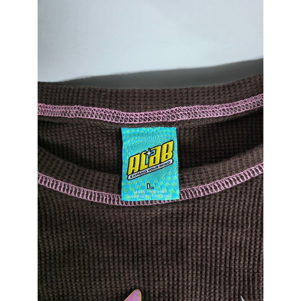 ALAB Thermal Shirt Womens Large Brown Pink Y2K Waffle Knit Graphic Long Sleeve - Picture 4 of 9